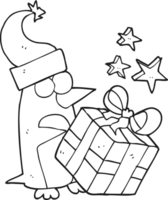 black and white cartoon christmas penguin with present png