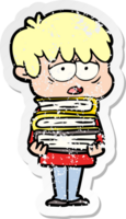 distressed sticker of a cartoon exhausted boy holding book png