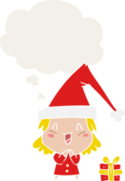 caricatura, niña, llevando, navidad, sombrero, y, pensamiento, burbuja, en, estilo retro png