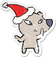 cute distressed sticker cartoon of a bear wearing santa hat png