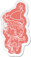happy cartoon distressed sticker of a robot wearing santa hat png