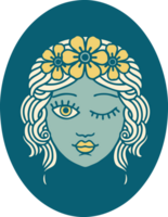 tattoo style icon of a maiden with crown of flowers winking png