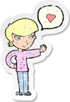 retro distressed sticker of a cartoon woman in love png