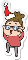 sticker cartoon of a happy woman wearing spectacles wearing santa hat png