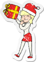 retro distressed sticker of a cartoon woman with present png