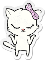 bedrövad klistermärke av en söt tecknad katt med rosett png