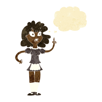 mucama preocupada de dibujos animados con burbuja de pensamiento png