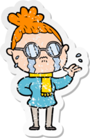 Distressed-Sticker einer weinenden Cartoon-Frau mit Brille png