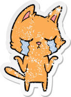 distressed sticker of a crying cartoon cat shrugging png