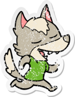 distressed sticker of a cartoon running wolf laughing png