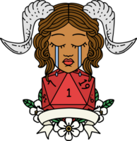 crying tiefling with natural one D20 dice roll illustration png