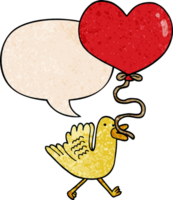 tekenfilm vogel en hart ballon en toespraak bubbel in retro structuur stijl png