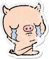 distressed sticker of a cartoon sitting pig crying png