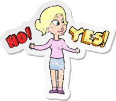 retro distressed sticker of a cartoon woman making choice png