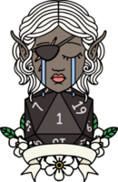 personaje pícaro elfo llorando con ilustración natural de un rollo d20 png