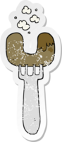 distressed sticker of a cartoon sausage on fork png