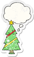 árbol de navidad de dibujos animados y burbuja de pensamiento como una pegatina gastada angustiada png