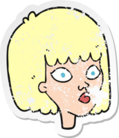 retro distressed sticker of a cartoon female face png