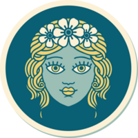 tattoo style sticker of female face with crown of flowers png