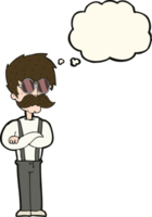 dessin animé hipster homme avec moustache et lunettes avec bulle de pensée png