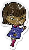 distressed sticker of a cartoon pointing woman png