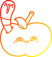 ligne de gradient chaud dessinant un ver de dessin animé dans une pomme heureuse png