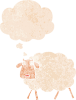 cartoon sheep and thought bubble in retro textured style png
