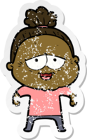 distressed sticker of a cartoon happy old lady png