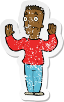 retro distressed sticker of a cartoon man surrendering png