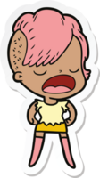 sticker of a cartoon cool hipster girl talking png