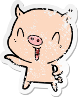 distressed sticker of a happy cartoon pig png