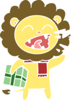 flat color style cartoon roaring lion with present png