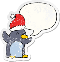 lindo pingüino de navidad de dibujos animados y etiqueta engomada angustiada de la burbuja del discurso png