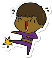 sticker of a laughing cartoon man karate kicking png