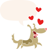 cão dos desenhos animados e corações de amor e bolha de fala em estilo retrô png