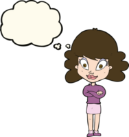 cartoon happy woman with folded arms with thought bubble png