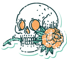 distressed sticker tattoo style icon of a skull and rose png