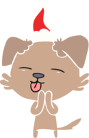 egale kleurenillustratie van een hond die zijn tong uitsteekt en een kerstmuts draagt png