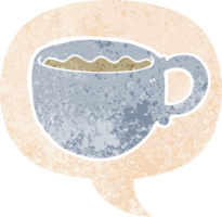 cartoon coffee cup and speech bubble in retro textured style png