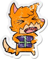 distressed sticker of a angry cartoon fox with christmas present png