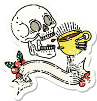 grunge sticker with banner of a skull drinking coffee png