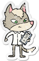 distressed sticker of a friendly cartoon wolf manager png