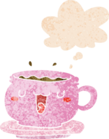 tasse et soucoupe de dessin animé mignon et bulle de pensée dans un style texturé rétro png