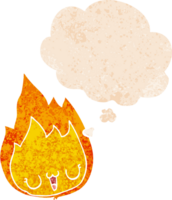 cartoon flame with face and thought bubble in retro textured style png