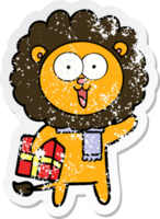 distressed sticker of a happy cartoon lion png