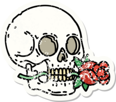 Traditionelles Distressed Sticker Tattoo mit einem Totenkopf und einer Rose png