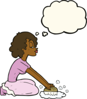 cartoon woman scrubbing floor with thought bubble png
