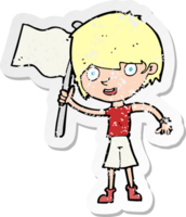 retro distressed sticker of a cartoon boy with flag png