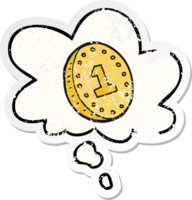 cartoon coin and thought bubble as a distressed worn sticker png