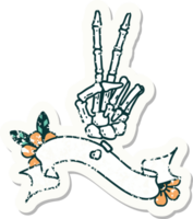 grunge sticker with banner of a skeleton hand giving a peace sign png